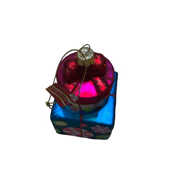 Glass Christmas Present Stacked Ornament Metallic Colors 4.5" tall 2.5" wide - Picture 2 of 4